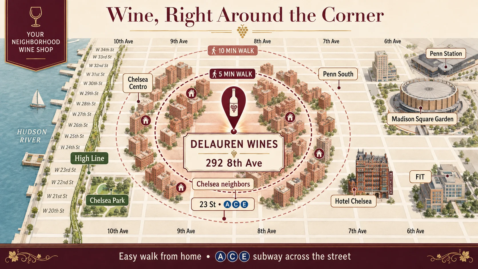 Illustrated neighborhood map showing De Lauren Wines at 292 8th Avenue in Chelsea